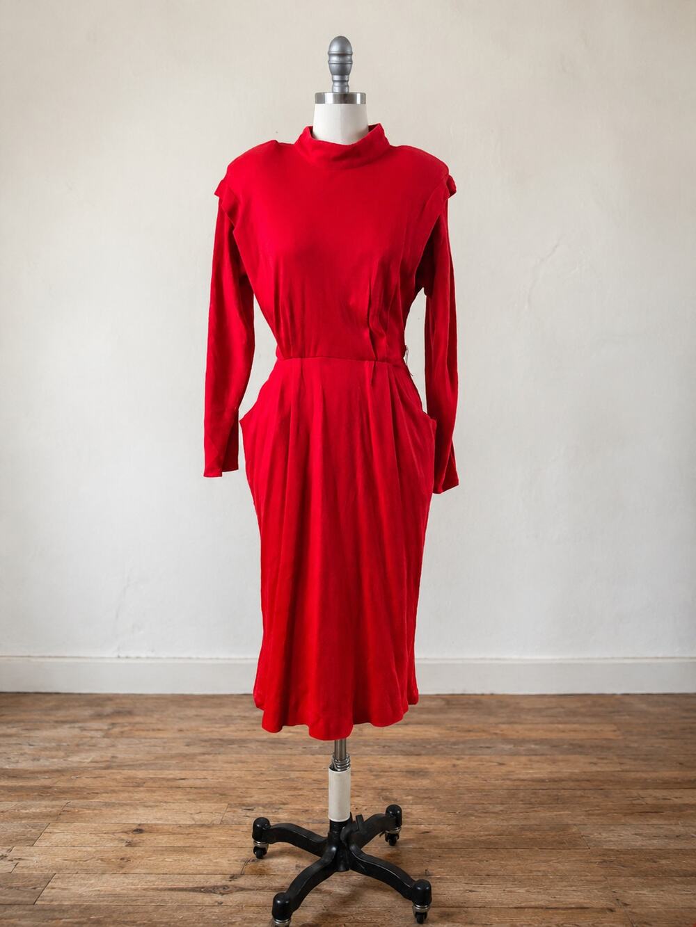 Vintage 80s Jamie Red Knit Dress Size 11 M L Structured New Wave Pockets